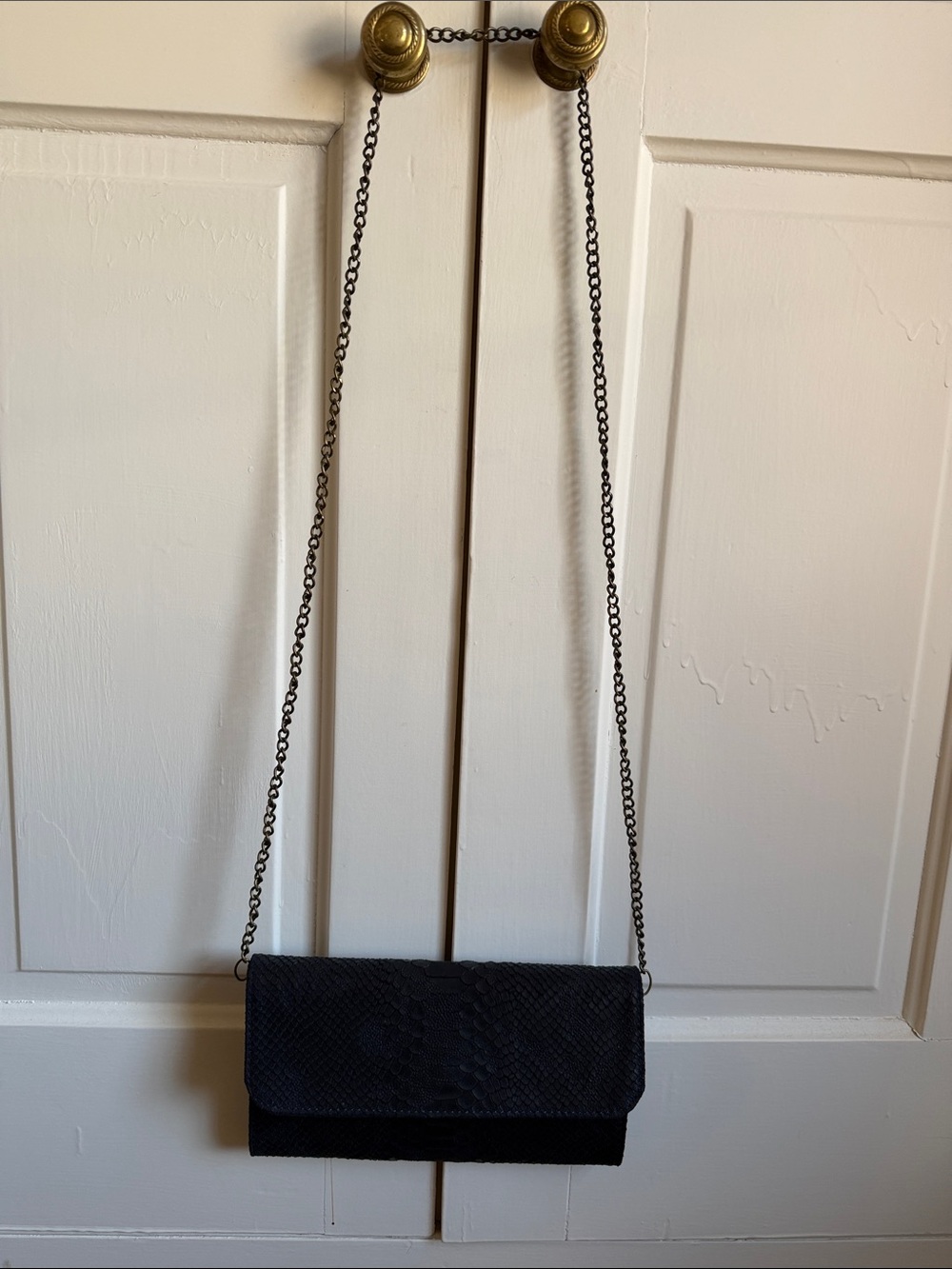 Navy Leather Chain-Shoulder Clutch